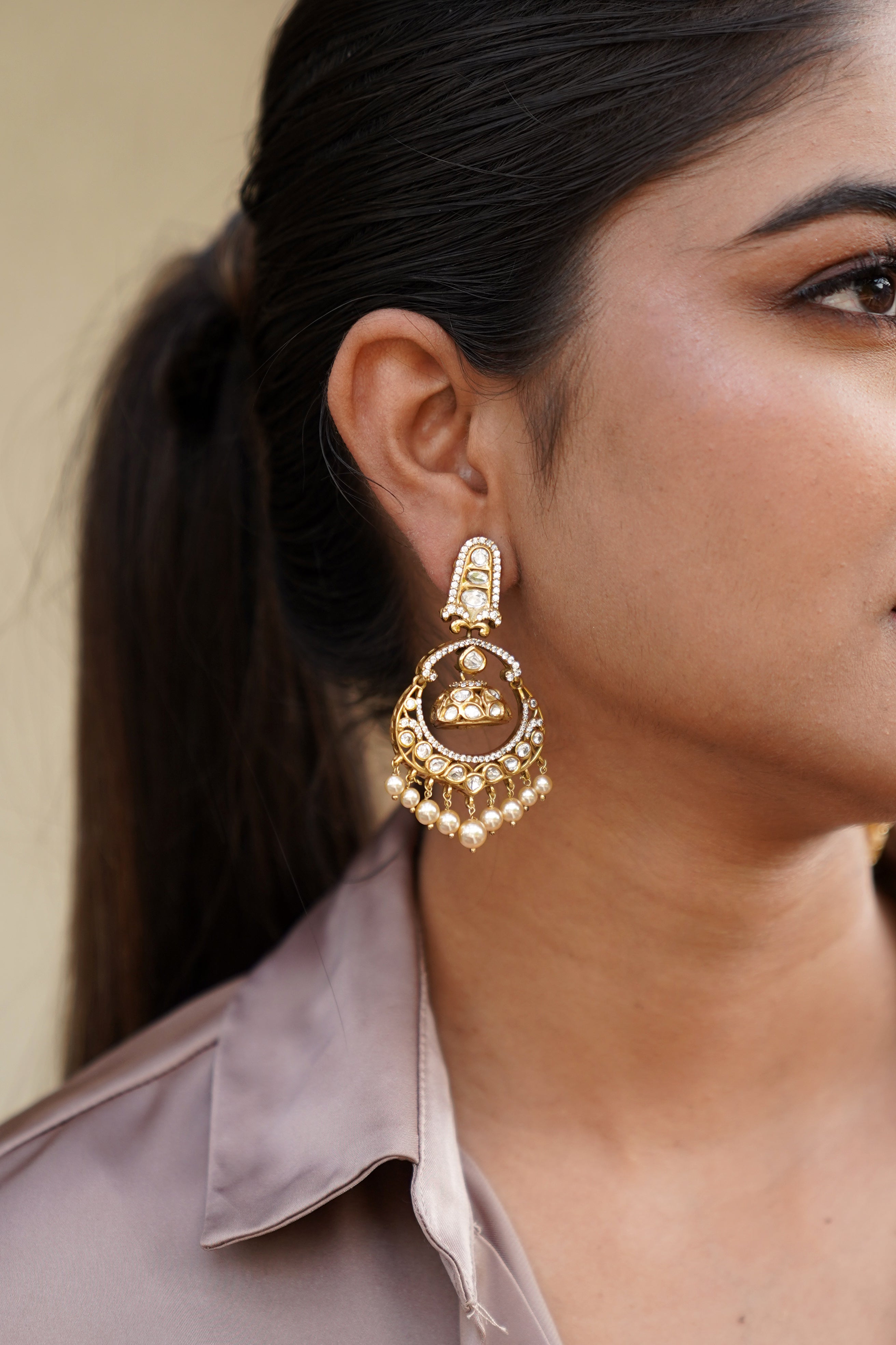 GOLD-PLATED KUNDAN CHANDBALI STYLE EARRINGS