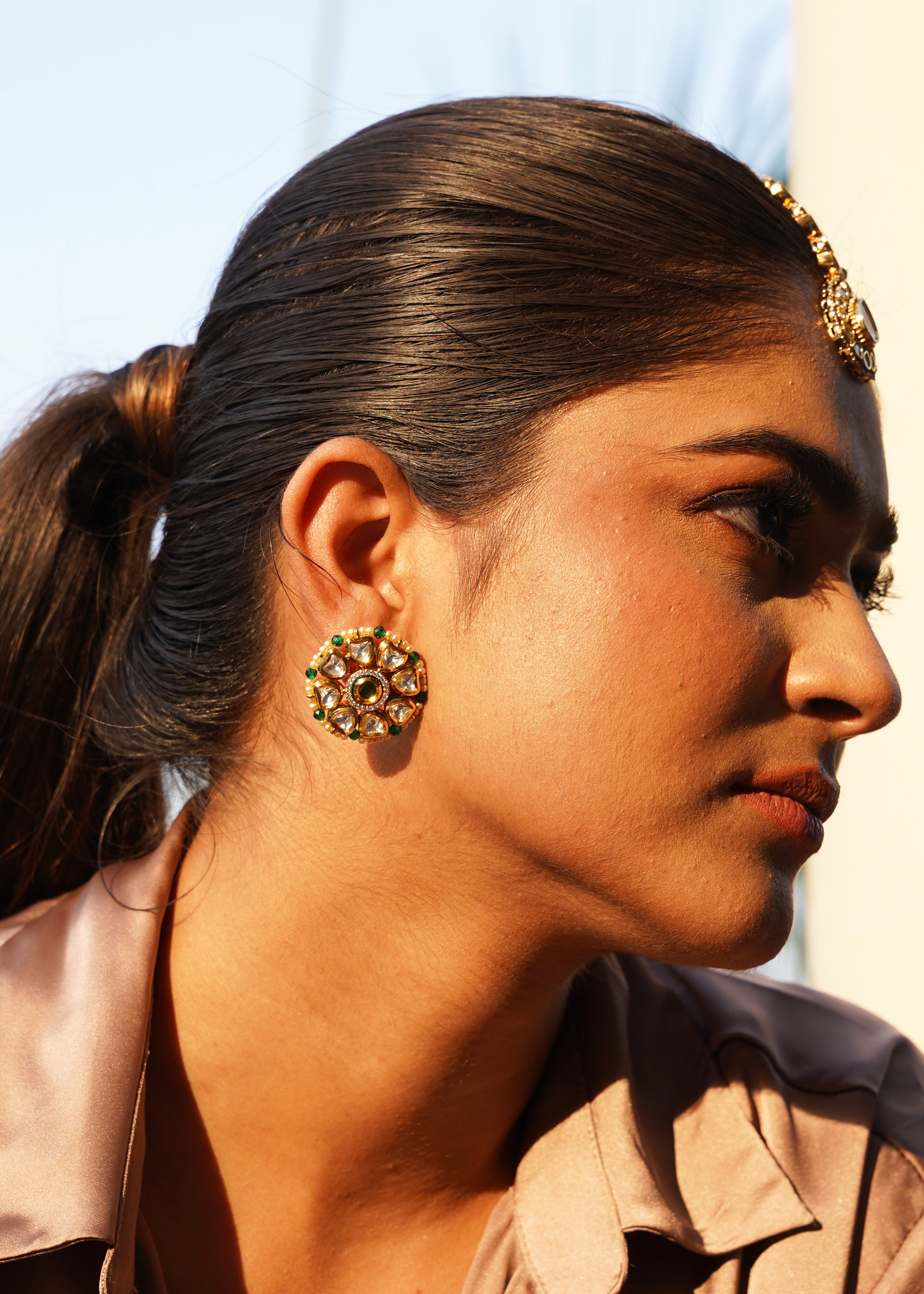 GREEN KUNDAN FLORAL STUDS