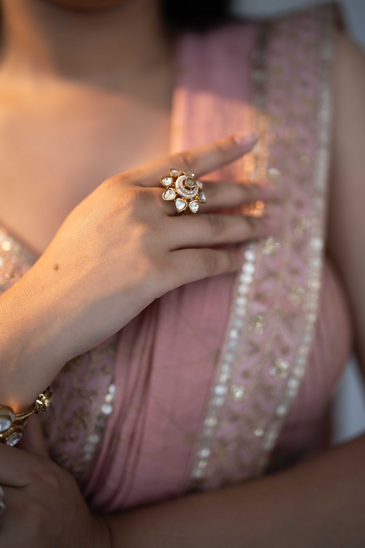 WHITE KUNDAN GOLD-PLATED RING