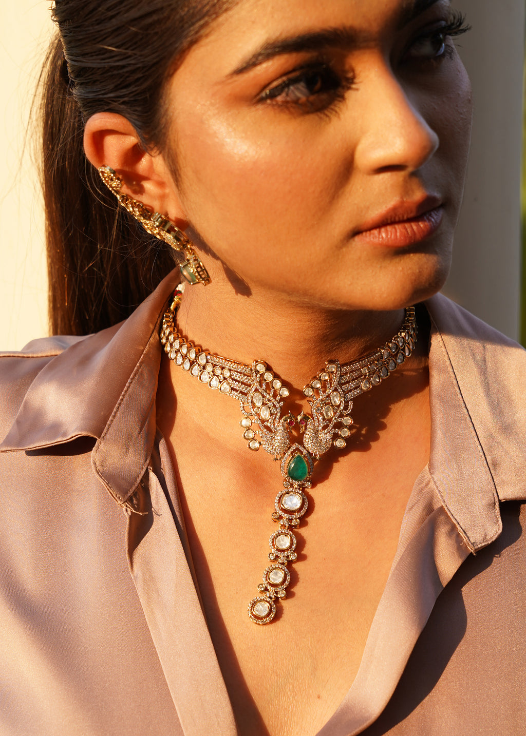 ANTIQUE GOLD KUNDAN EMERALD GREEN PEACOCK CHOKER WITH EAR CUFFS