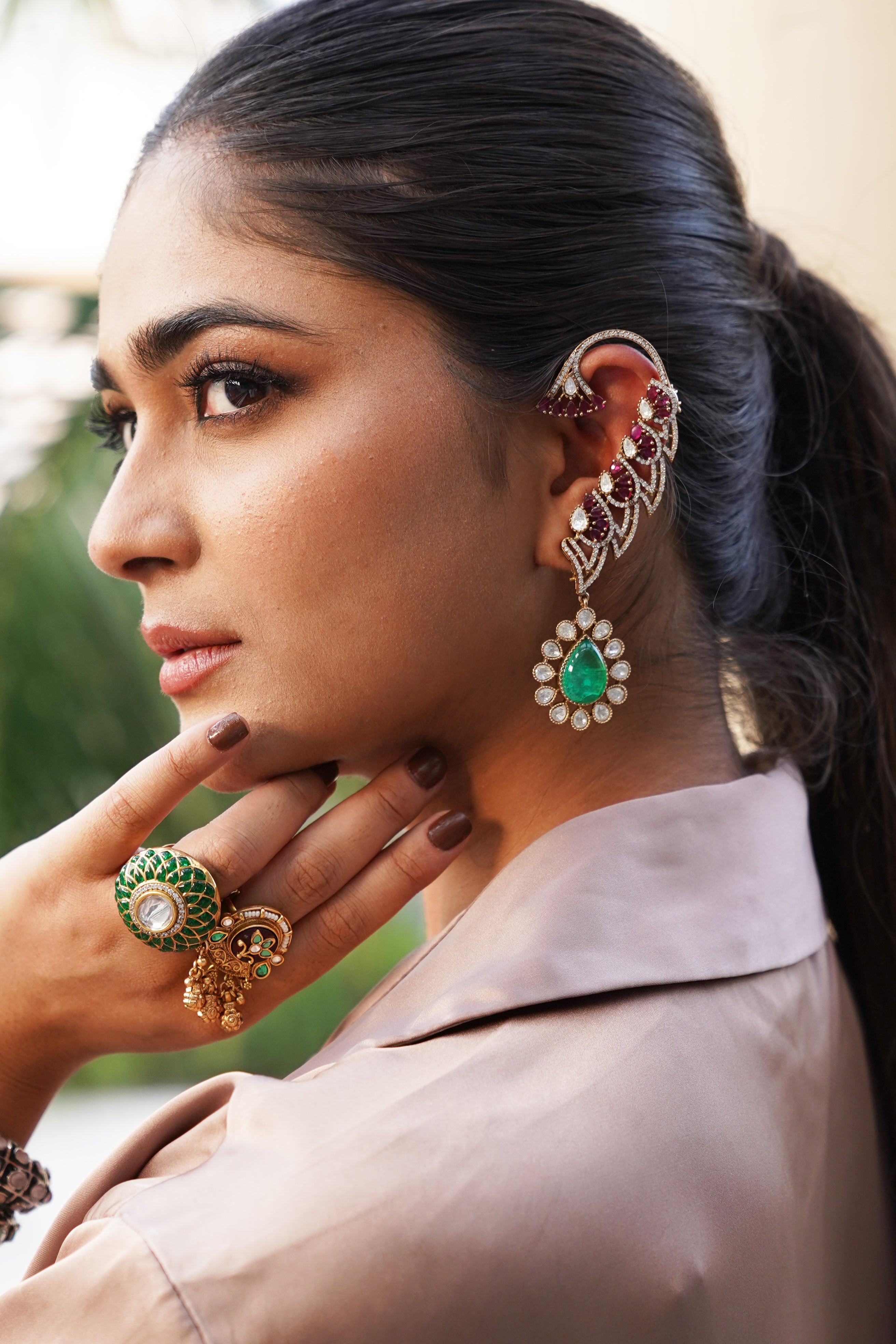 PINK & GREEN STONE EAR CUFFS WITH TEAR DROP