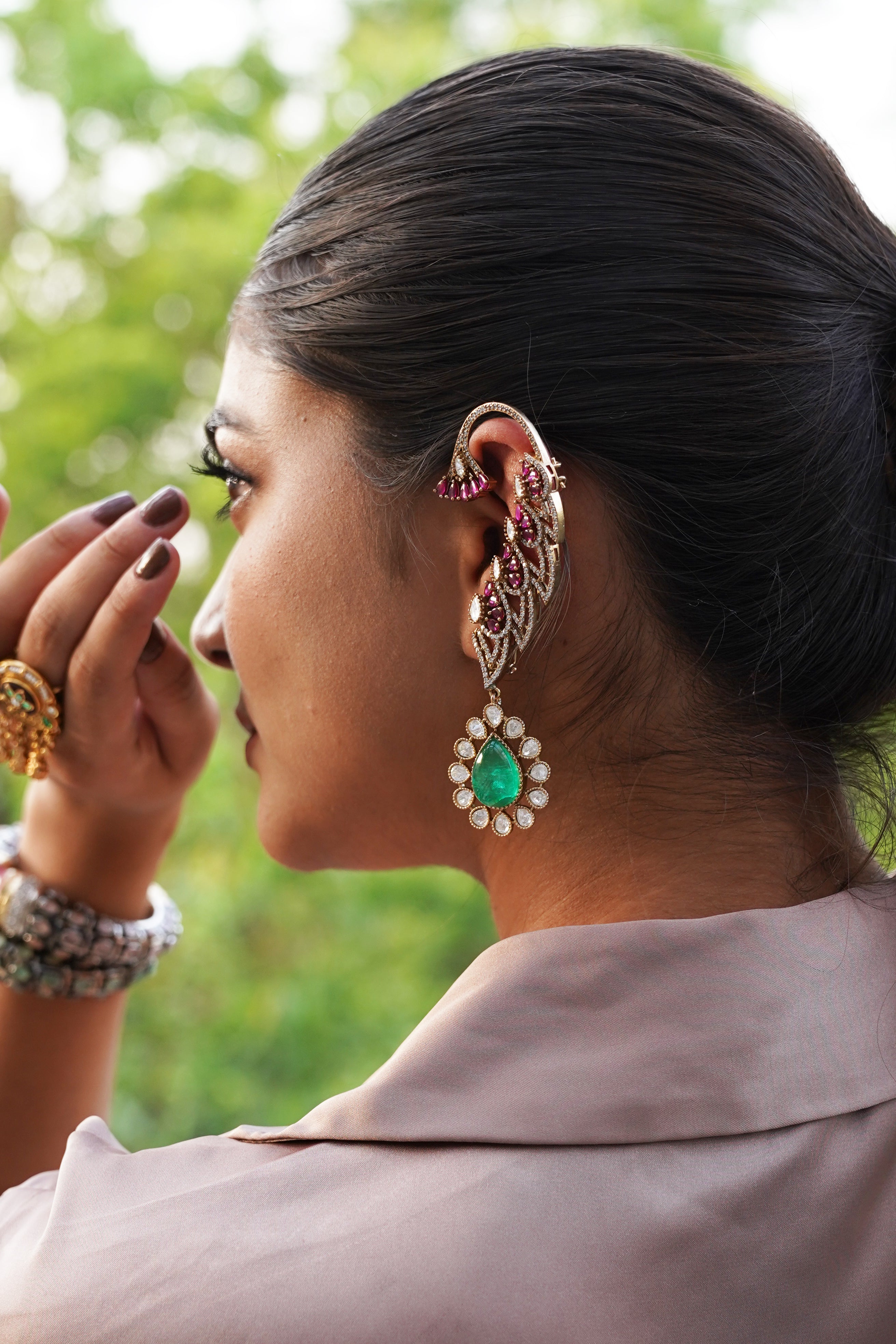 PINK & GREEN STONE EAR CUFFS WITH TEAR DROP