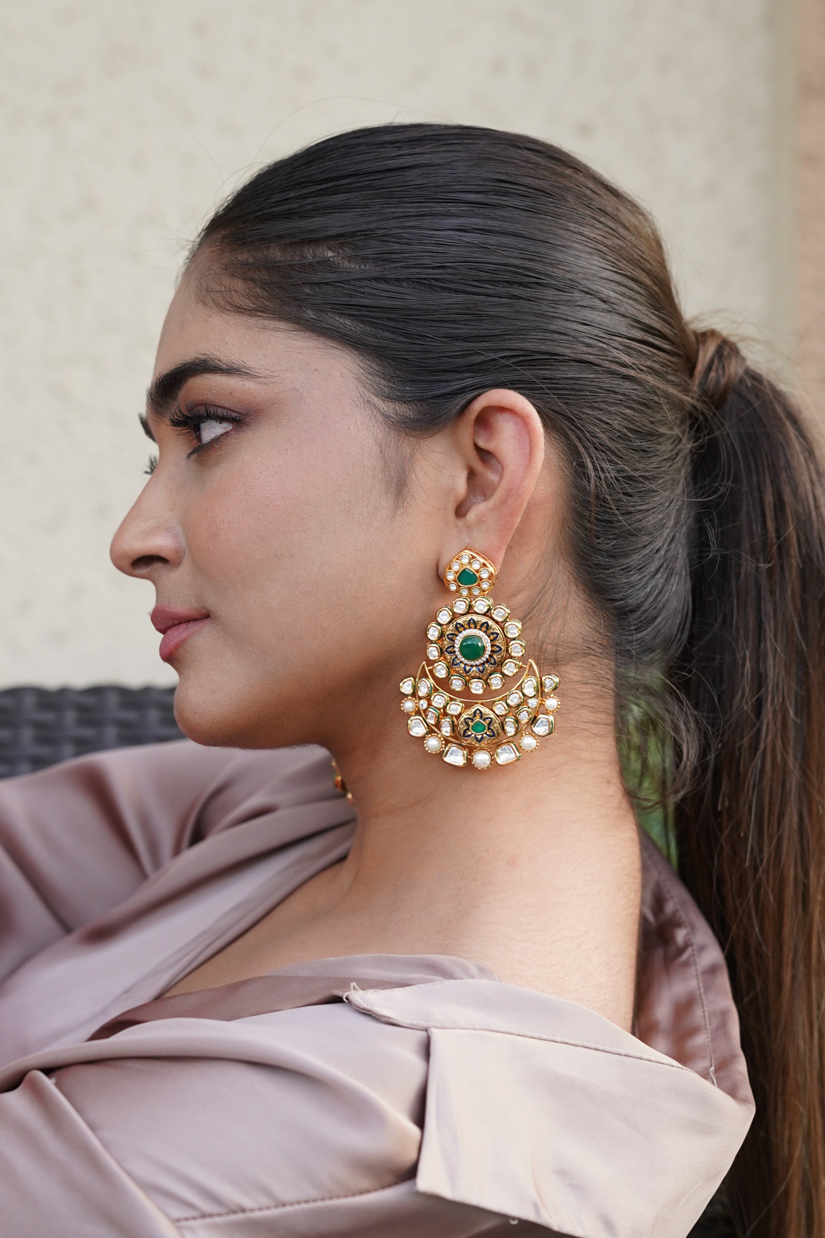 MEENAKARI DESIGNED GREEN STONE KUNDAN EARRINGS