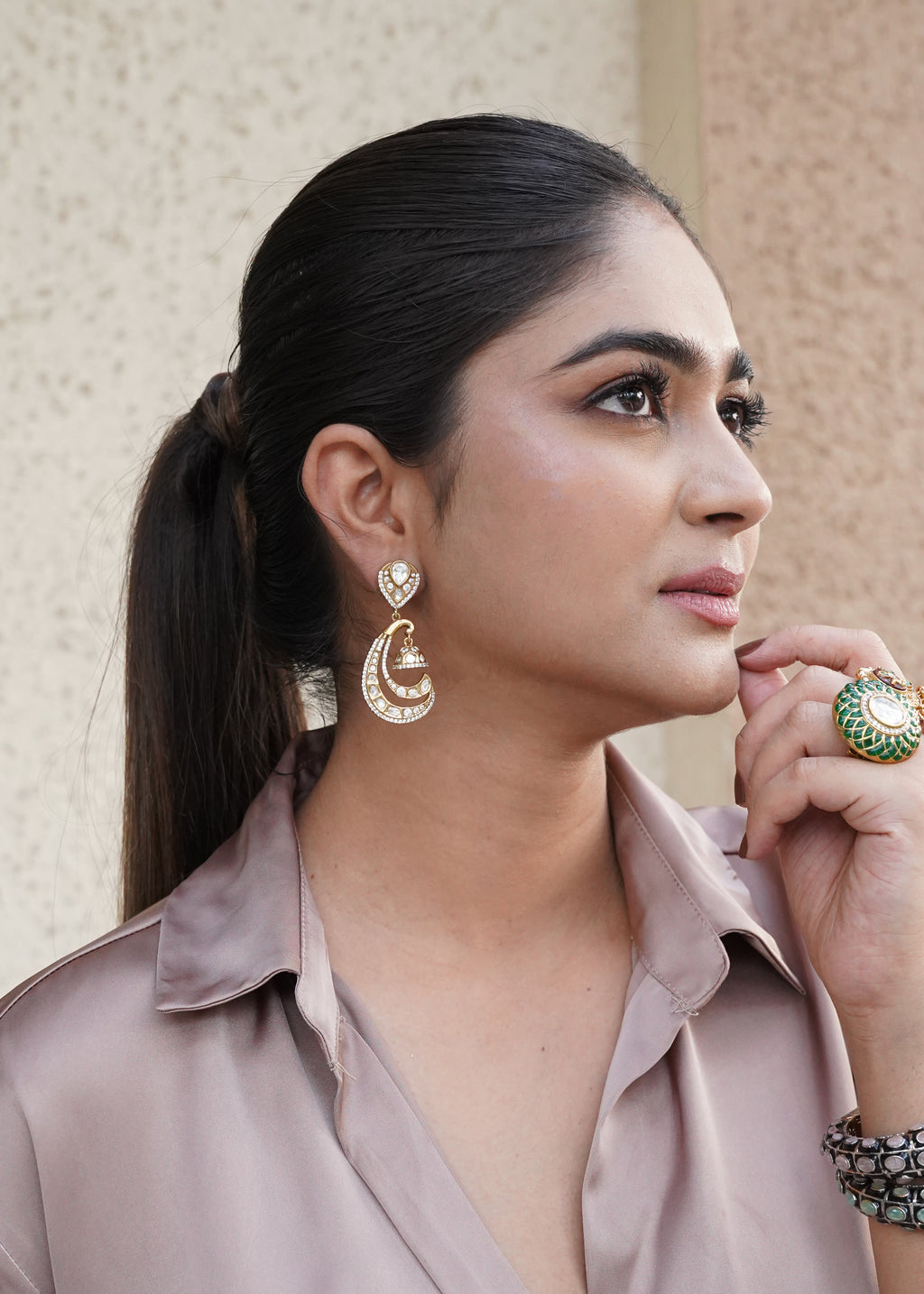 KUNDAN CRESCENT SHAPED HOOP DROP EARRINGS