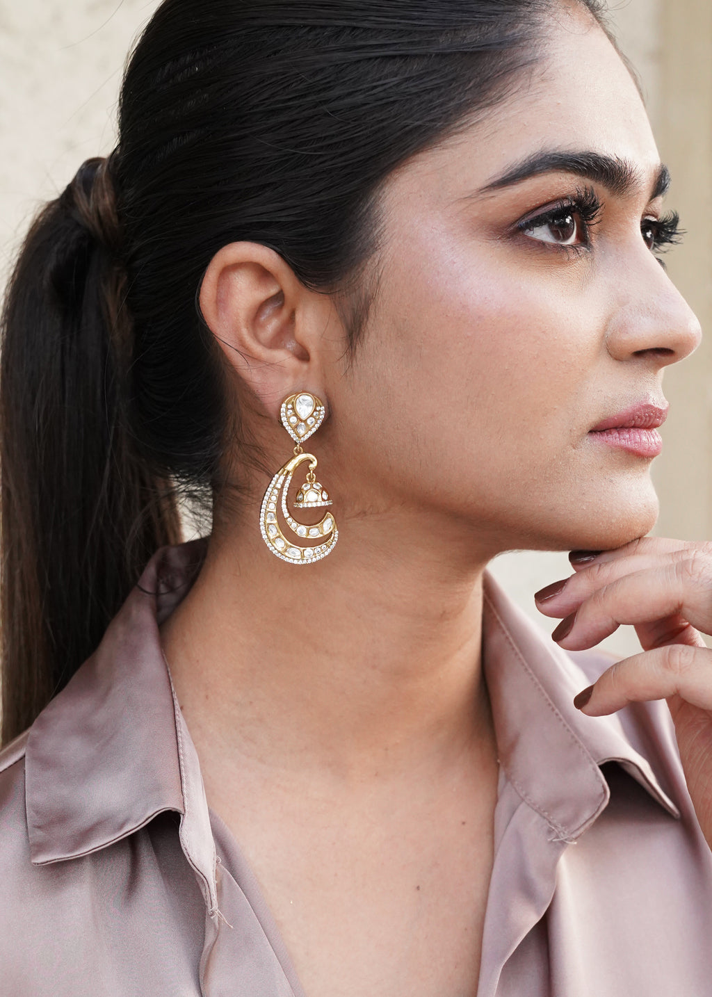 KUNDAN CRESCENT SHAPED HOOP DROP EARRINGS