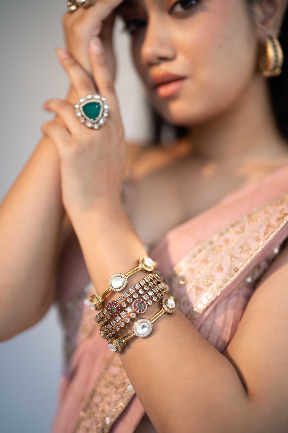 ANTIQUE GOLD KUNDAN STONE BANGLES WITH PINK & GREEN STONES (SET)