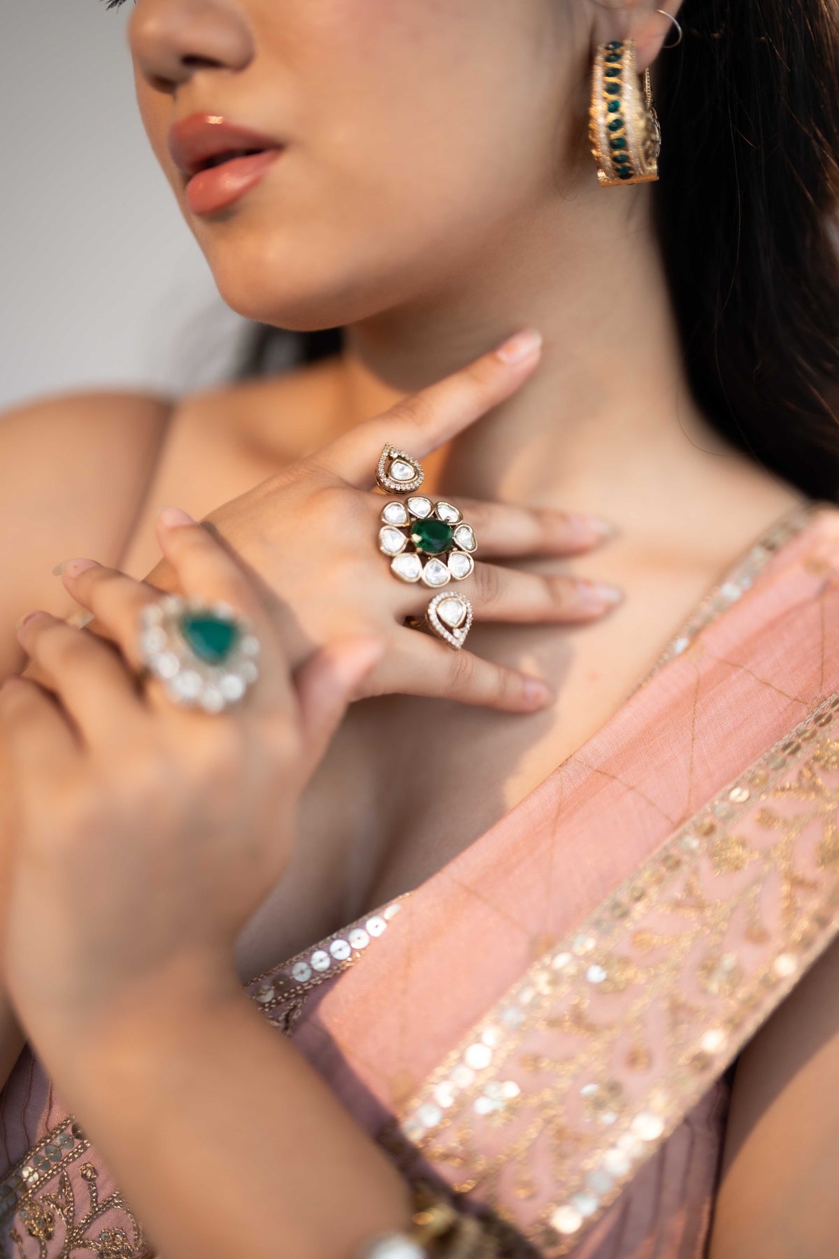 WHITE KUNDAN EMERALD STONE DOUBLE RING