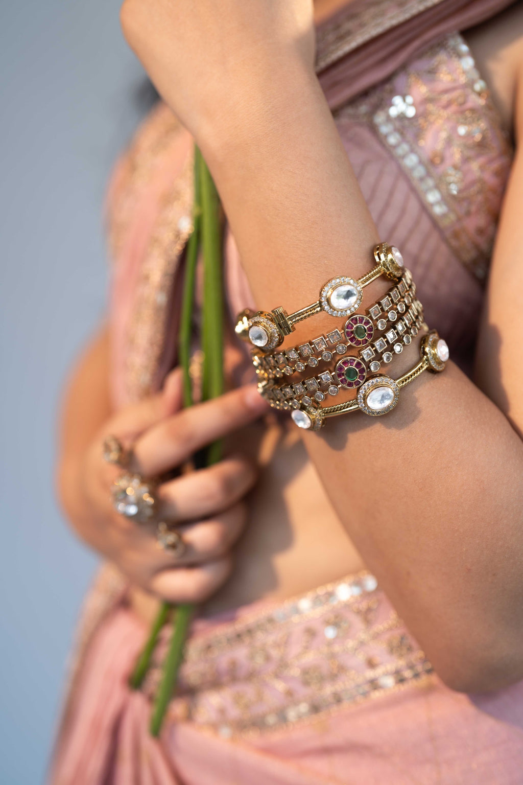 ANTIQUE GOLD KUNDAN STONE BANGLES WITH PINK & GREEN STONES (SET)