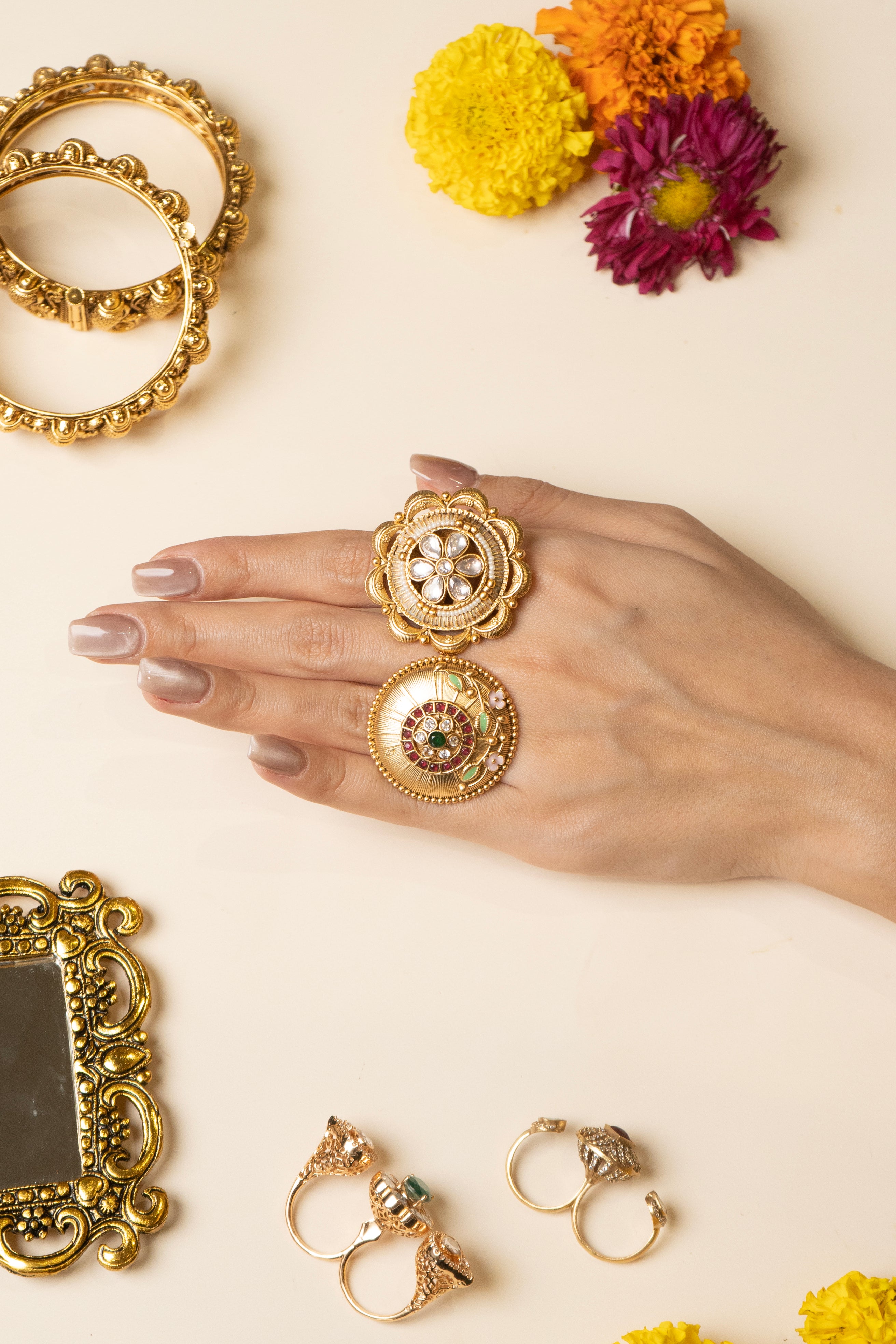 GOLD PLATED KUNDAN FLORAL RING