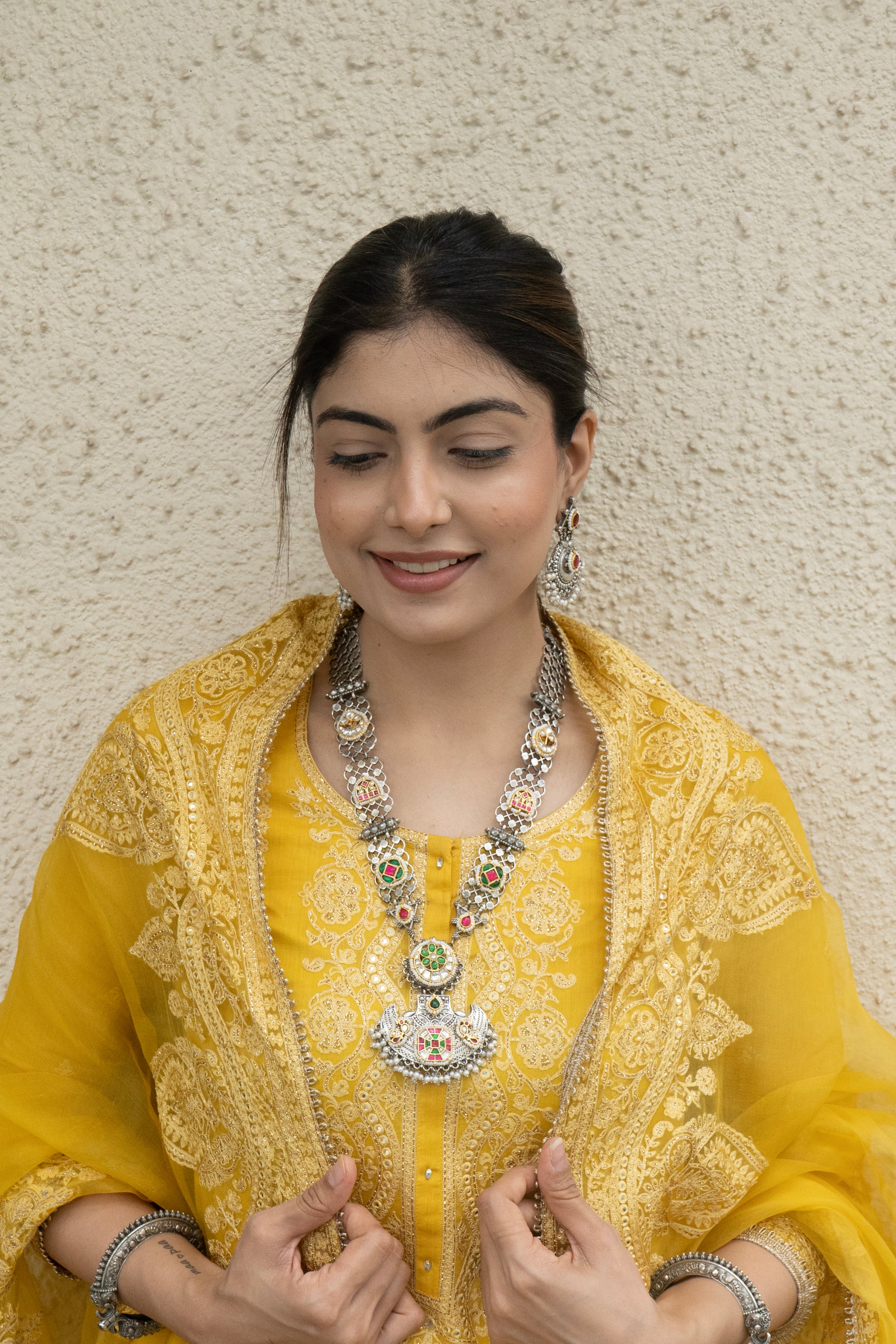 SILVER PLATED MULTI MOTIF LONG NECKLACE WITH EARRINGS SET