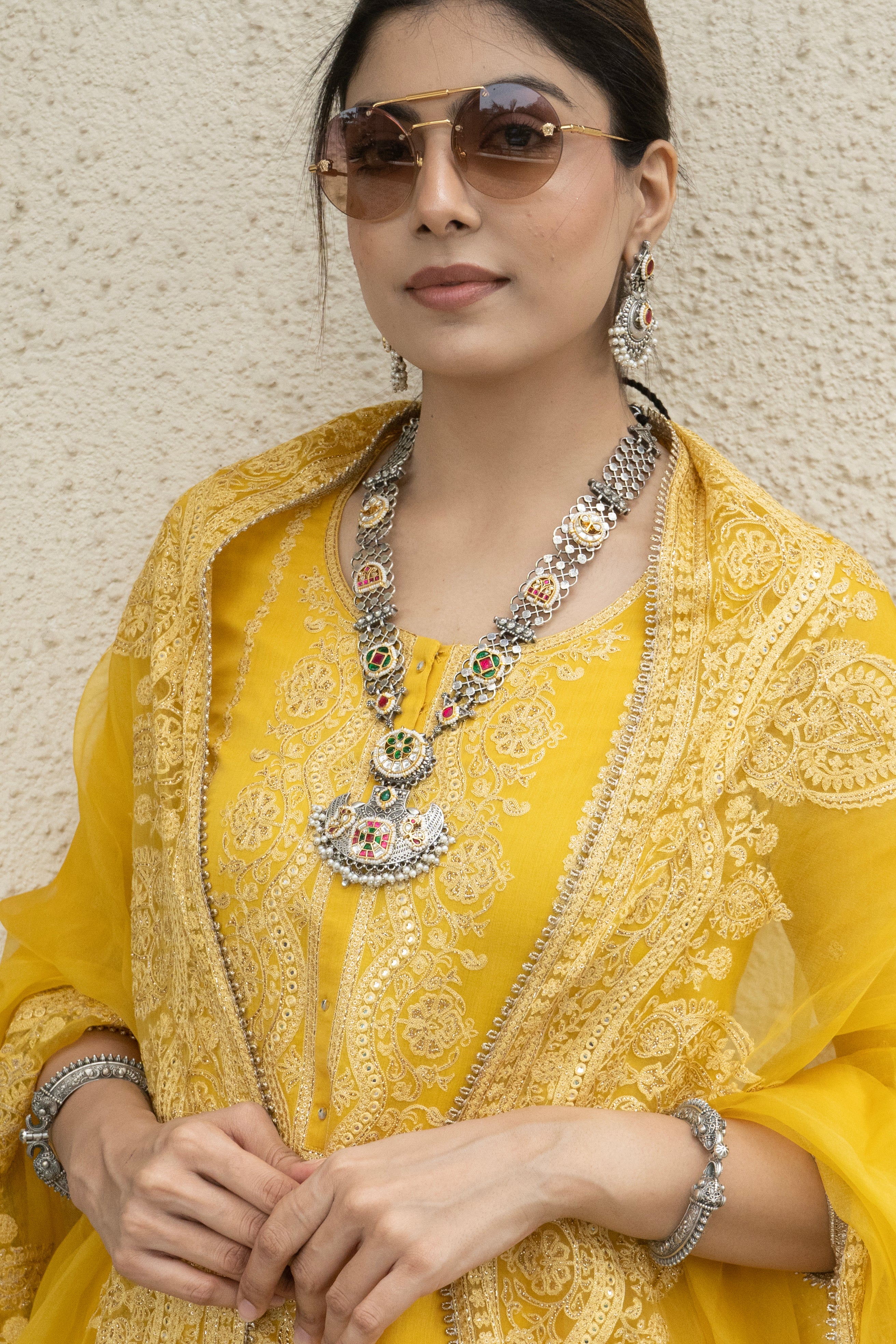 SILVER PLATED MULTI MOTIF LONG NECKLACE WITH EARRINGS SET