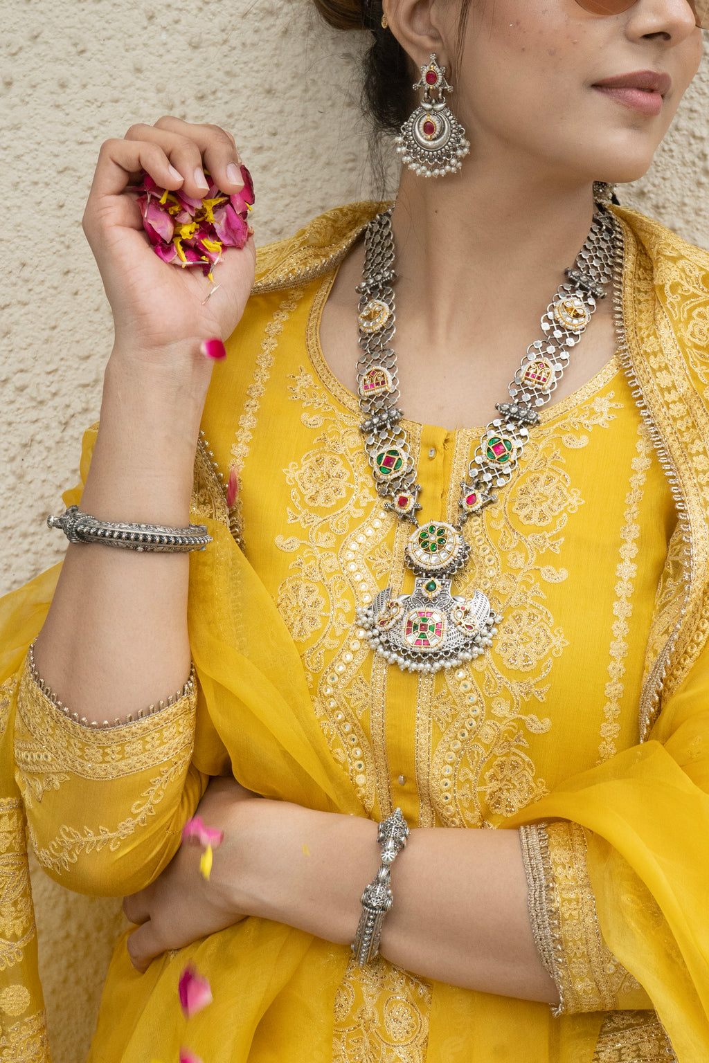 SILVER PLATED MULTI MOTIF LONG NECKLACE WITH EARRINGS SET