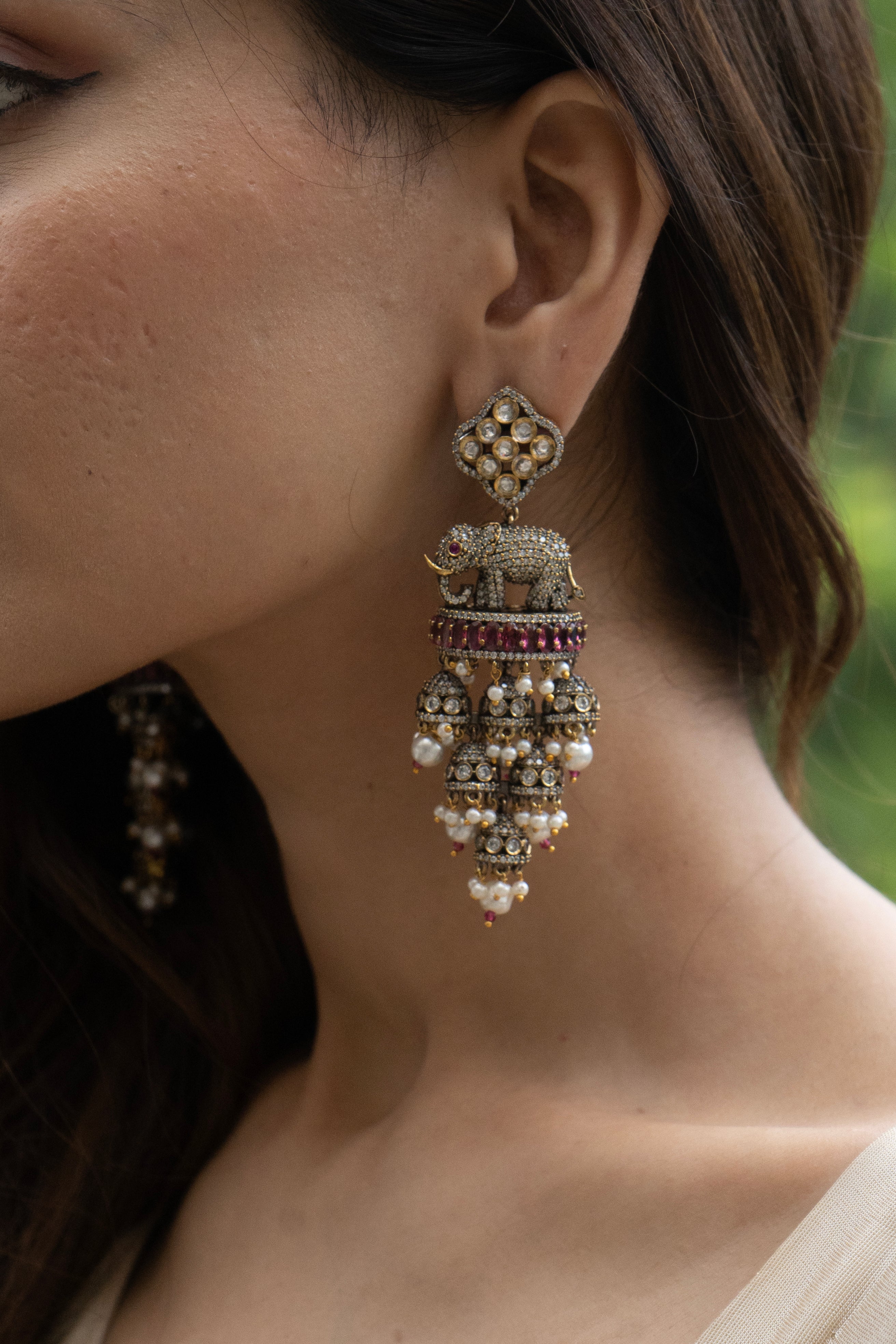 ELEPHANT PINK STONE DANGLER EARRINGS