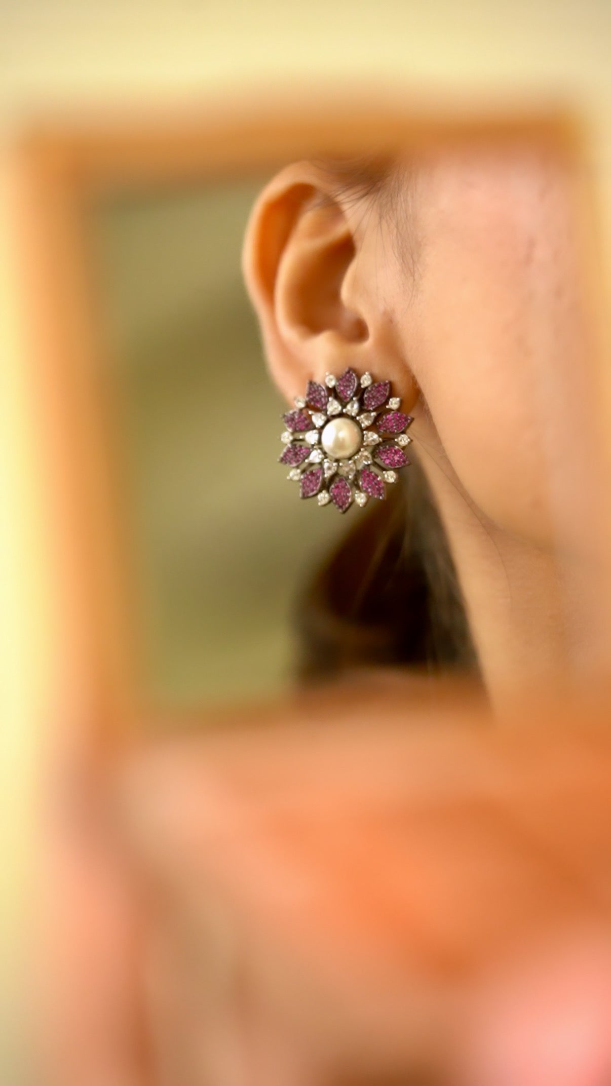 PURPLE STONE FLORAL PEARL STUDS