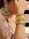 GOLD-PLATED KUNDAN & STONES TEXTURED HAND CUFF