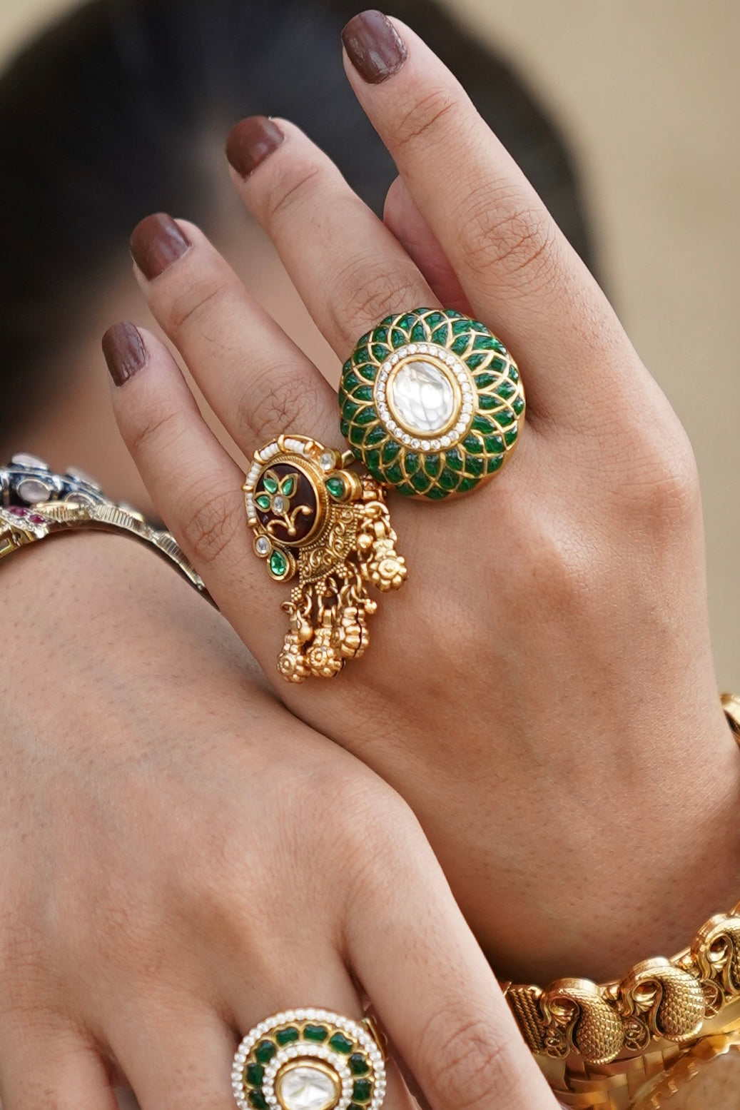 GREEN MEENAKARI STYLE KUNDAN RING