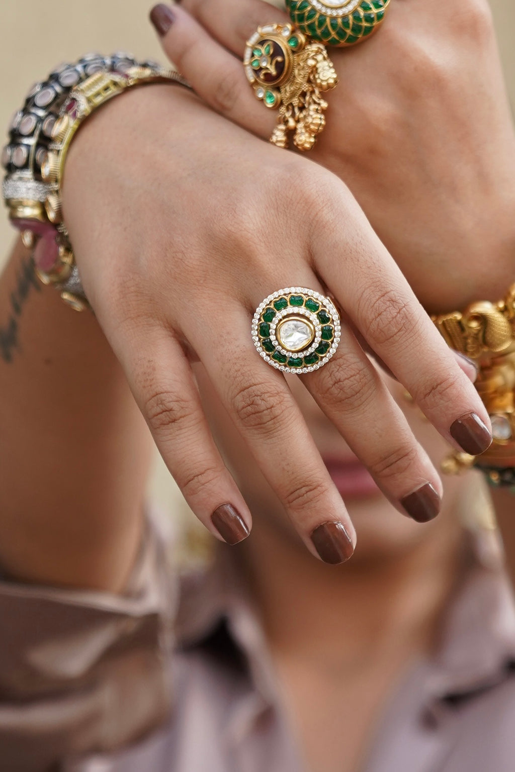 GREEN PETAL CIRCULAR DESIGN KUNDAN RING