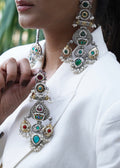 DUAL-TONED MULTICOLOURED STONES 3 DIMENSION LONG EARRINGS
