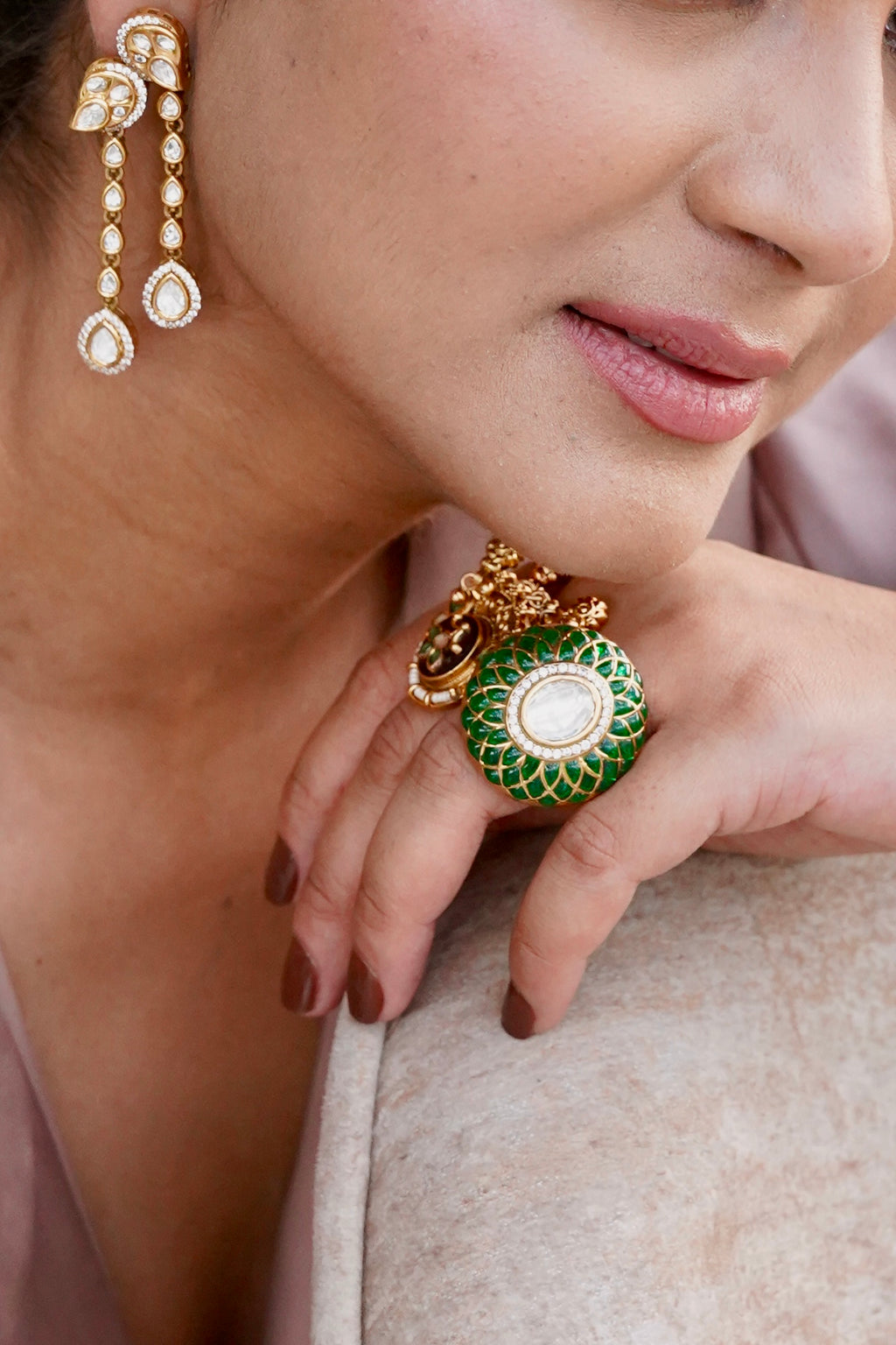GREEN MEENAKARI STYLE KUNDAN RING
