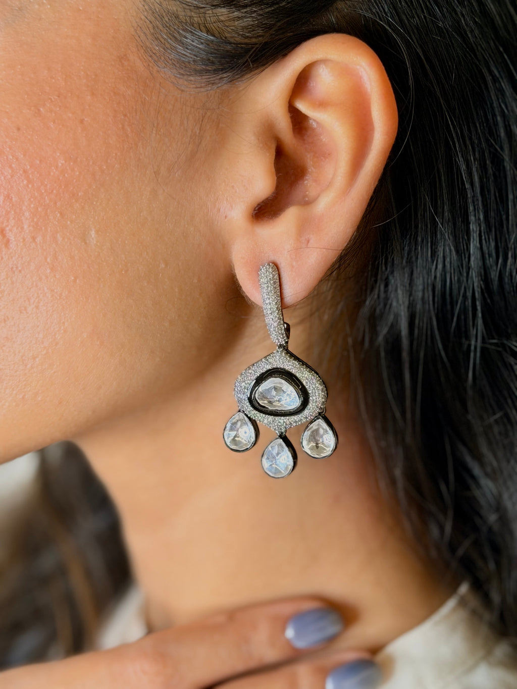 SILVER NANO SETTING POLKI STONE EARRINGS