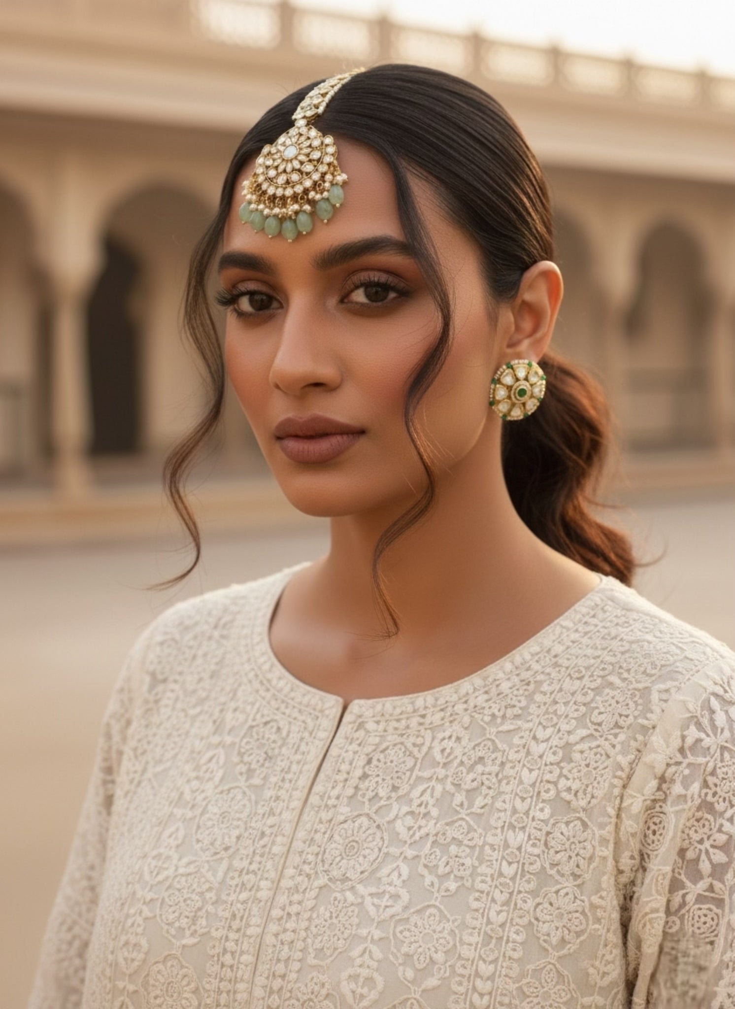 SEA GREEN KUNDAN MAANG TIKKA WITH PEARLS