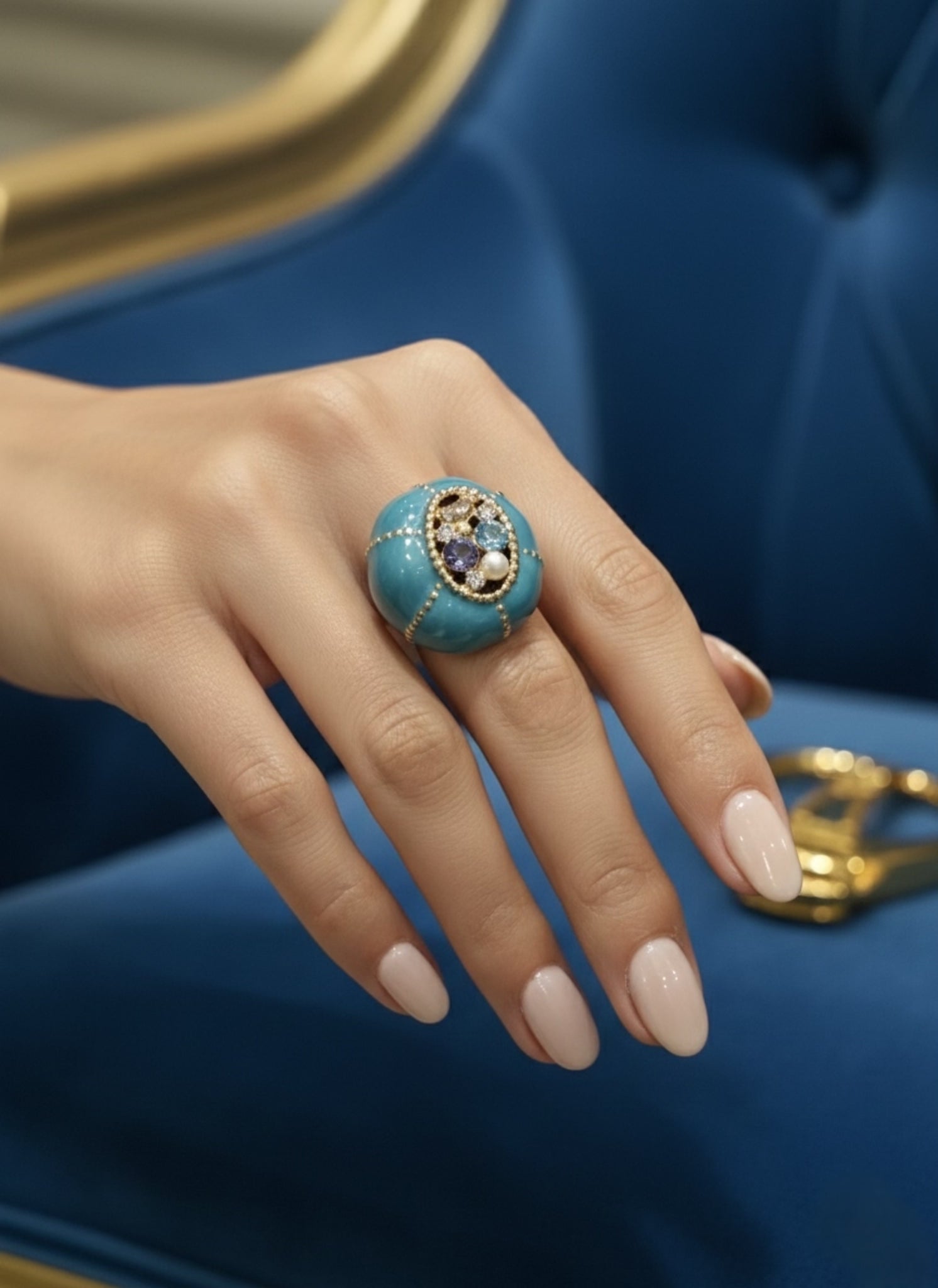 BLUE ENAMEL STONE RING
